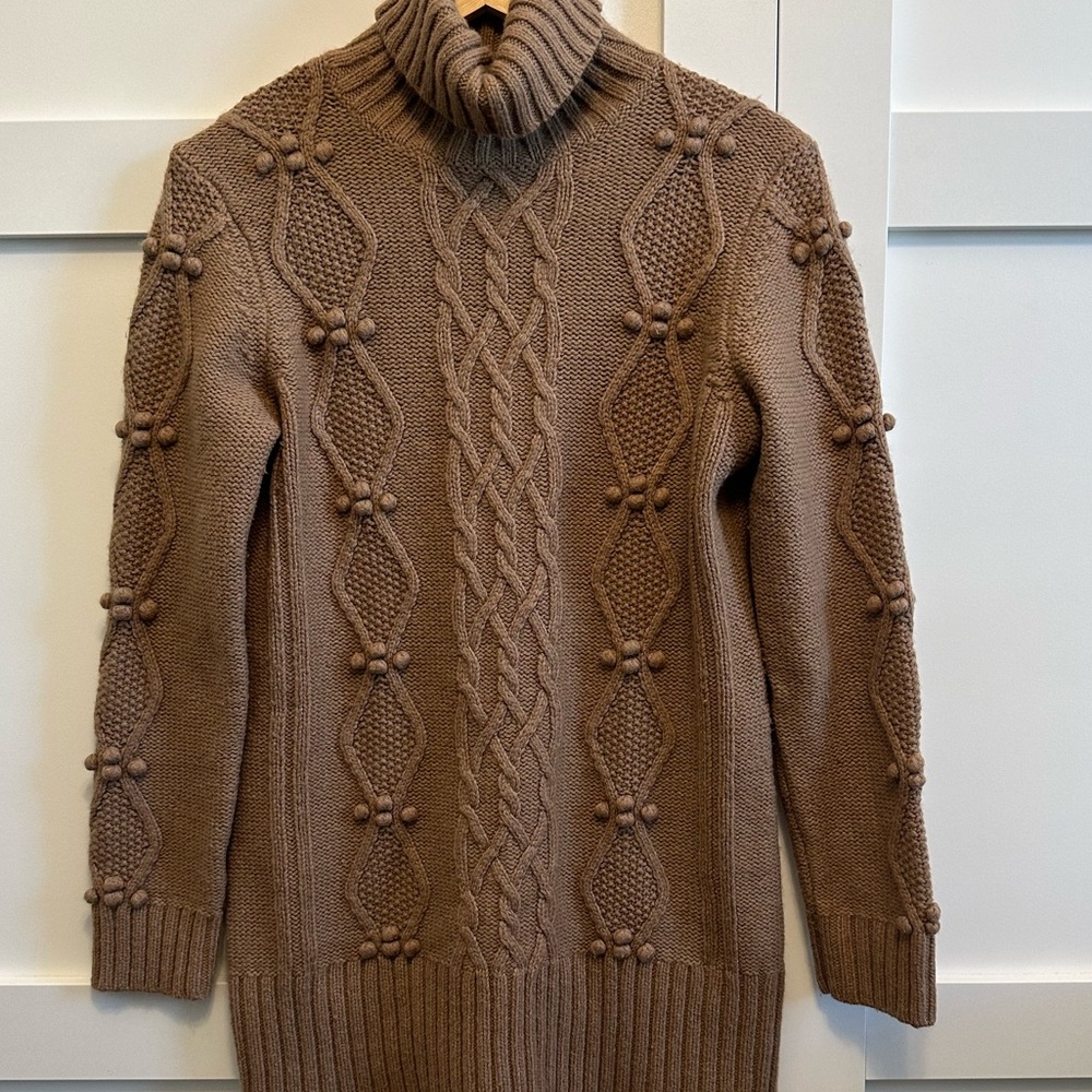 Ann Taylor LOFT Turtleneck Cable Popcorn Knit Lambswool Taupe Like-New Sz M